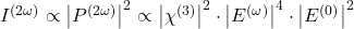  I^{(2\omega)} \propto \left| P^{(2\omega)} \right|^2 \propto \left| \chi^{(3)} \right|^2 \cdot \left| E^{(\omega)} \right|^4 \cdot \left| E^{(0)} \right|^2 